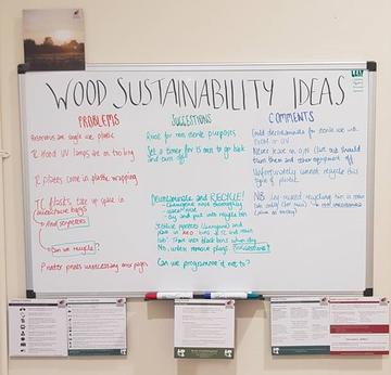 Wood lab sustainability ideas Photo of a whiteboard with 'WOOD SUSTAINABILITY IDEAS' written at the top and examples of 'problems', 'solutions' and 'comments'